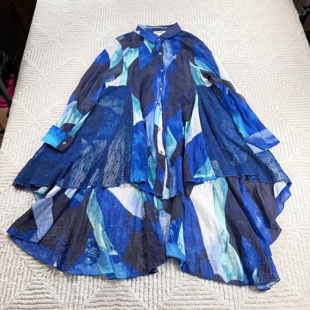 Feratelli Tunic Blouse Womens Large Blue Abstract Lagenlook Art to Wear Boho